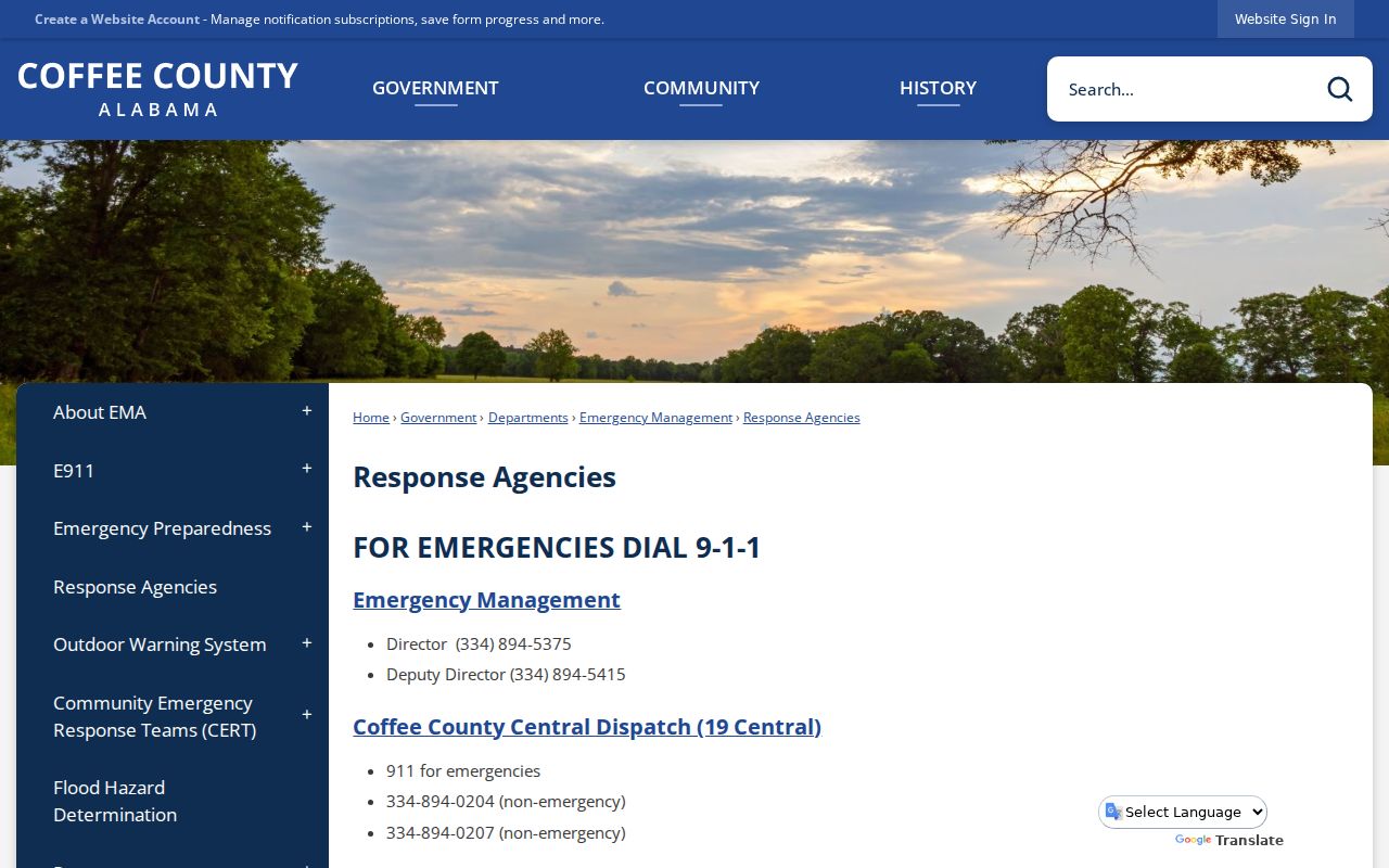 Coffee County response agencies page listing sheriff municipal police and ALEA contacts