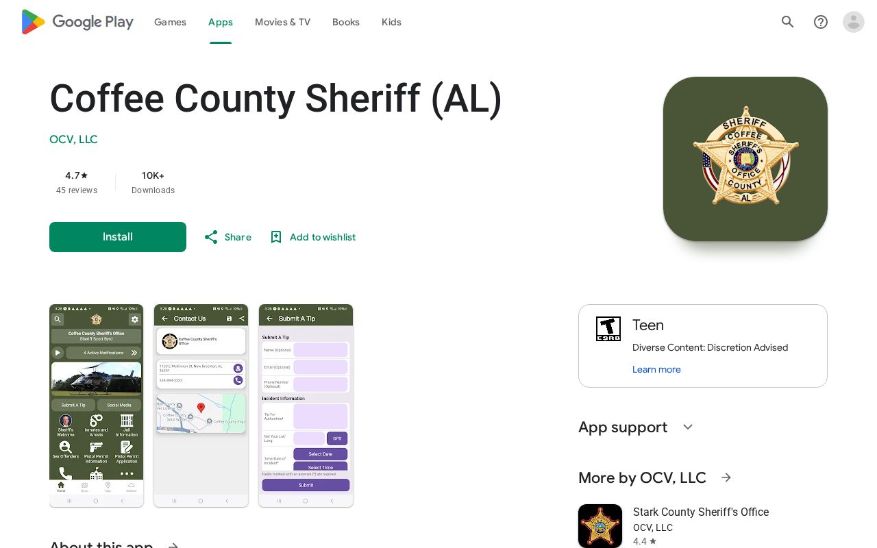 Google Play page for the official Coffee County Sheriff Alabama app