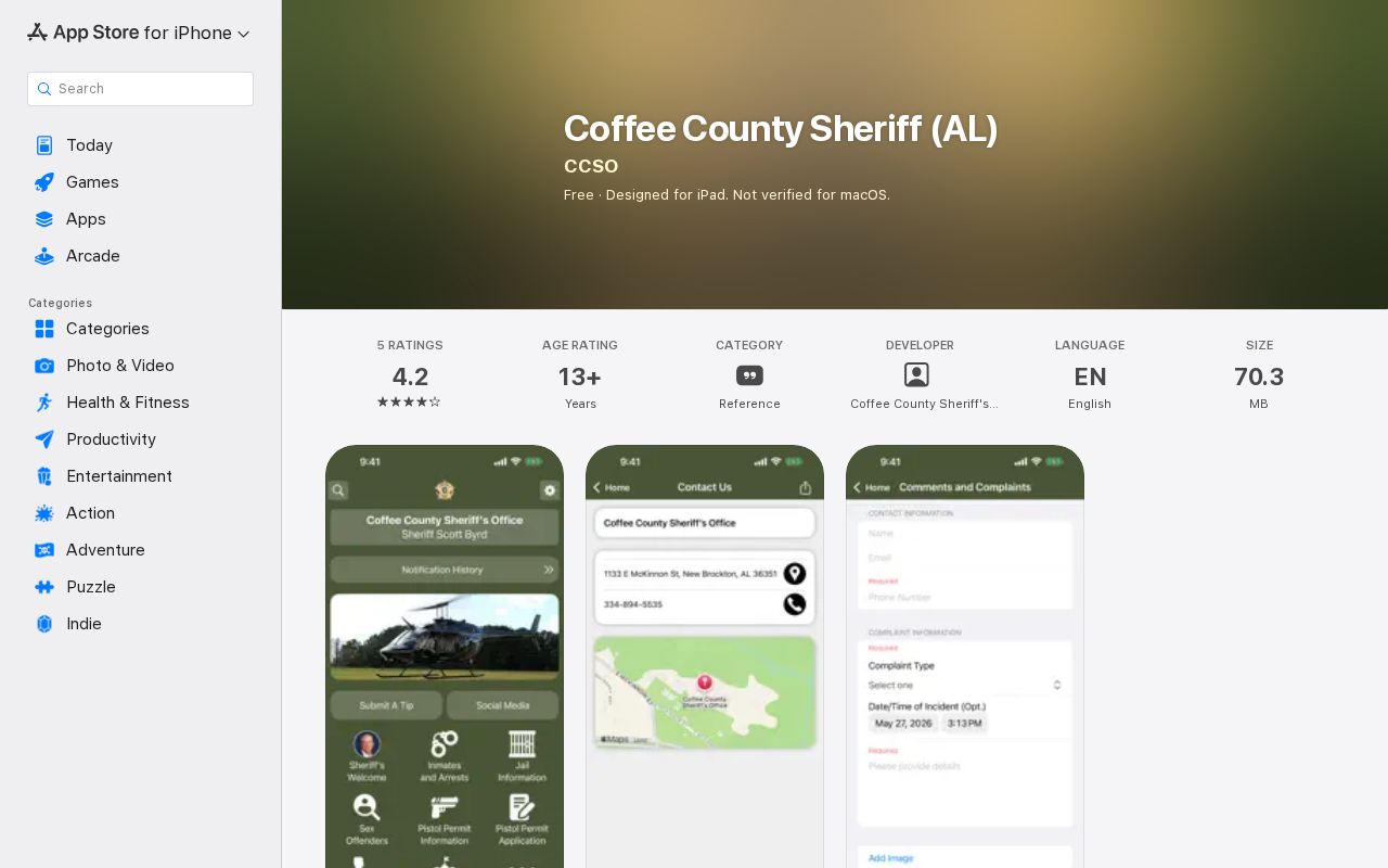 Apple App Store page for the official Coffee County Sheriff Alabama app