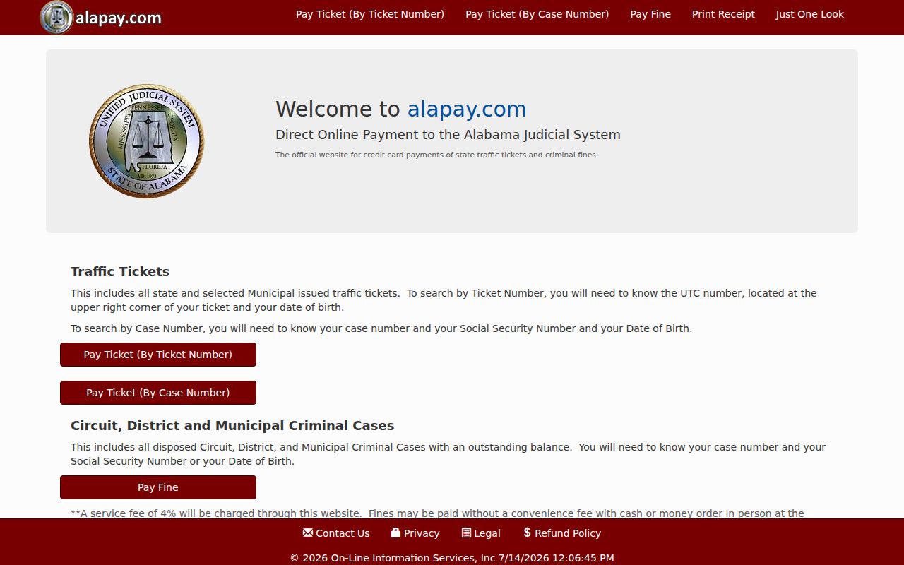 AlaPay official payment site used for Alabama state traffic tickets and criminal fines