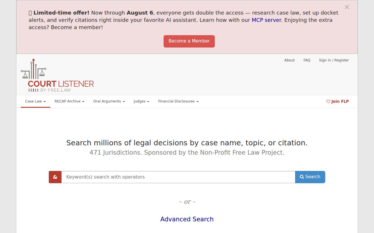 CourtListener free opinion search page used as a general docket and opinion research reference