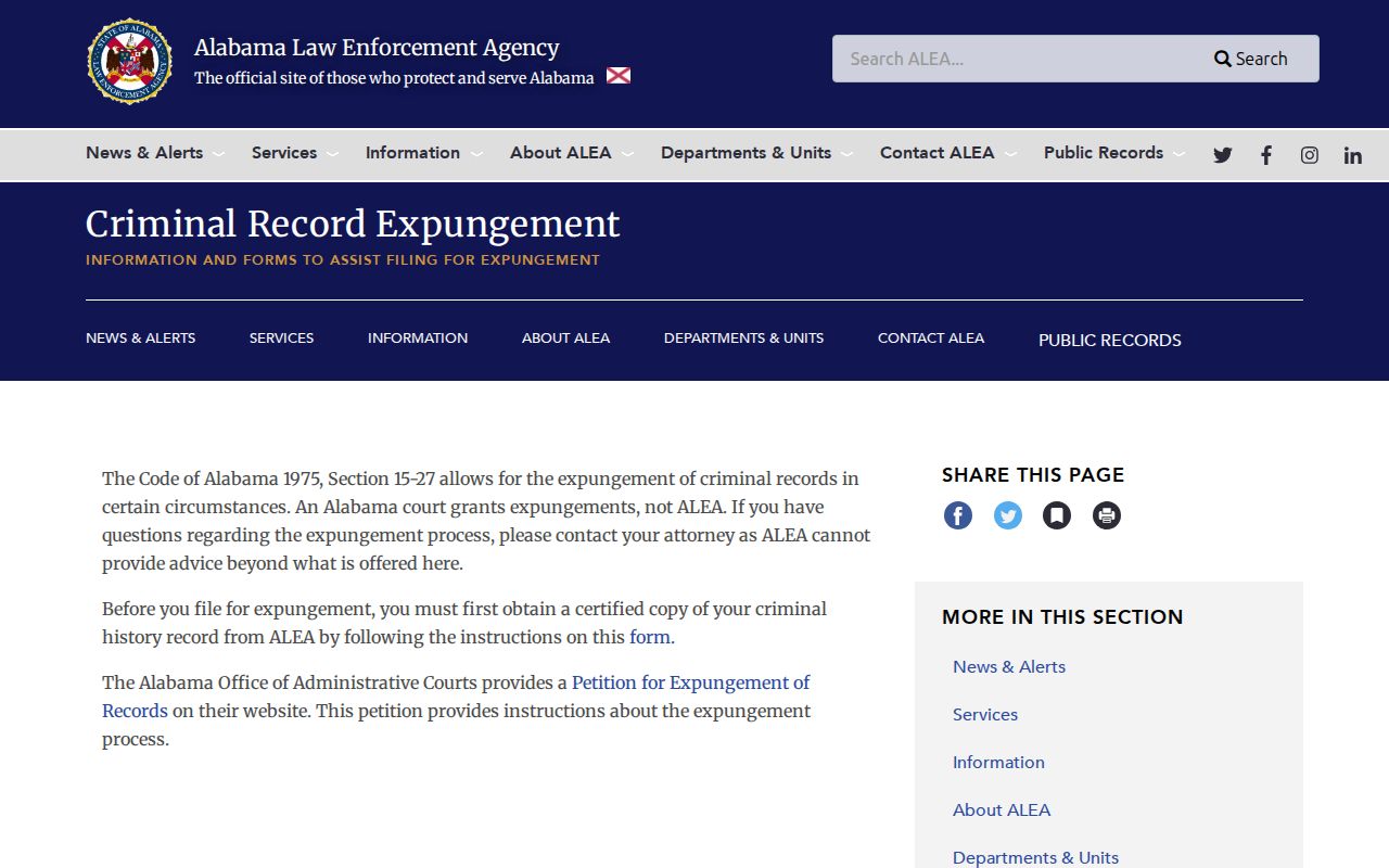 ALEA expungement page explaining Alabama court-ordered criminal record expungements