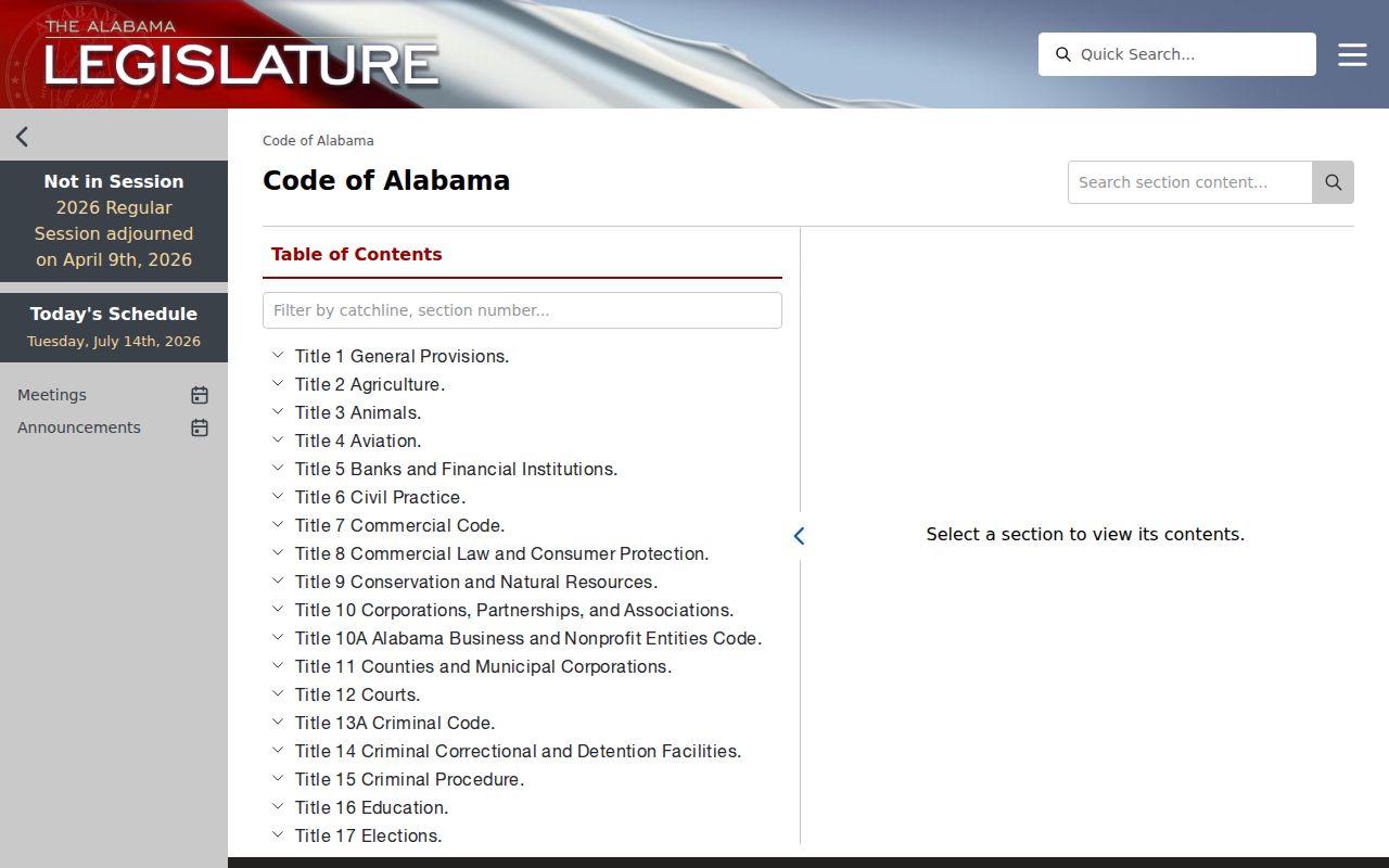 Official Code of Alabama search page used for Coffee County public records statutes