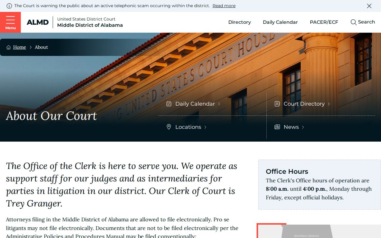 Middle District of Alabama division page noting Coffee County federal division context