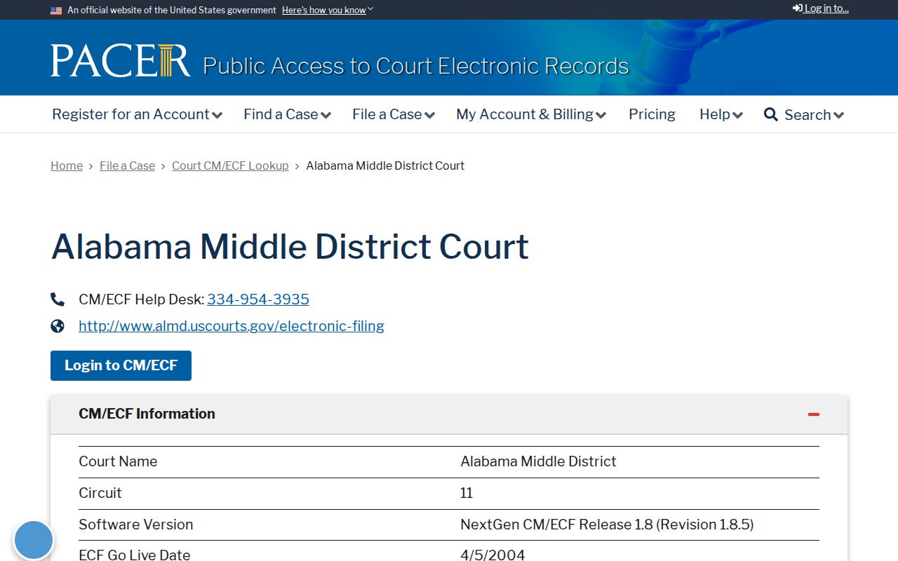 PACER CM/ECF lookup page for the Alabama Middle District federal court