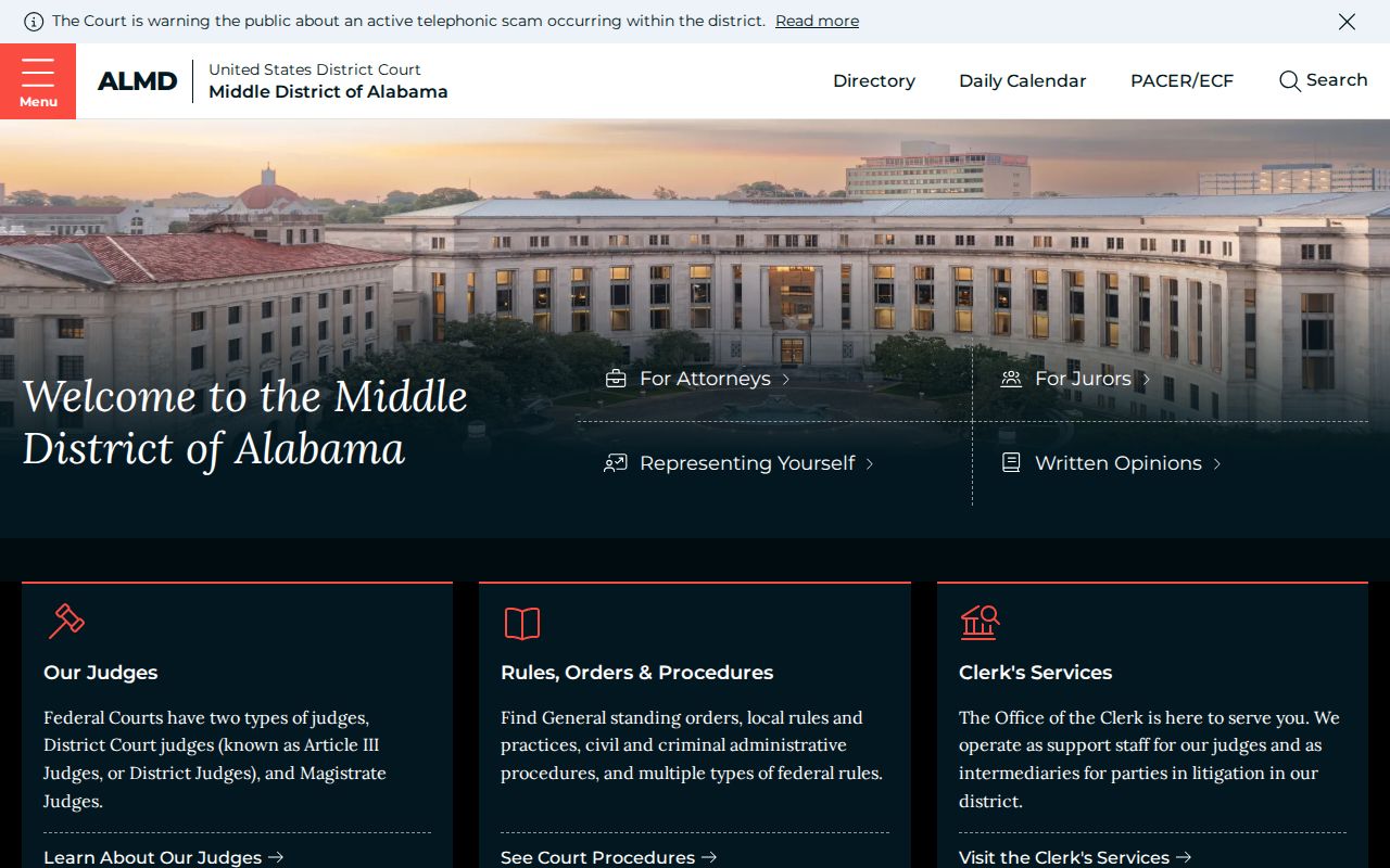 U.S. District Court for the Middle District of Alabama homepage for federal criminal record context