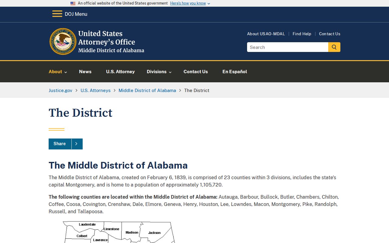 U.S. Attorney Middle District of Alabama page listing district counties including Coffee County