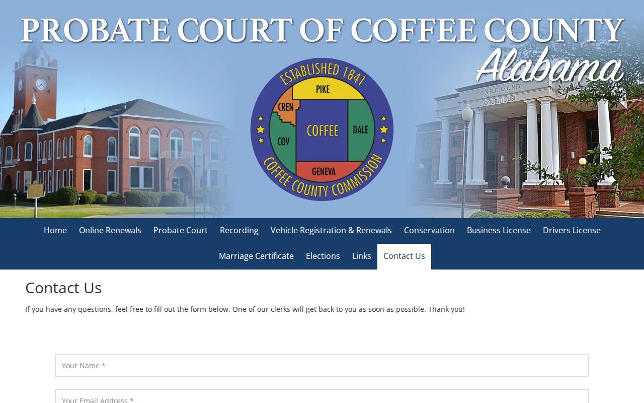 Coffee County marriage divorce records Probate contact form