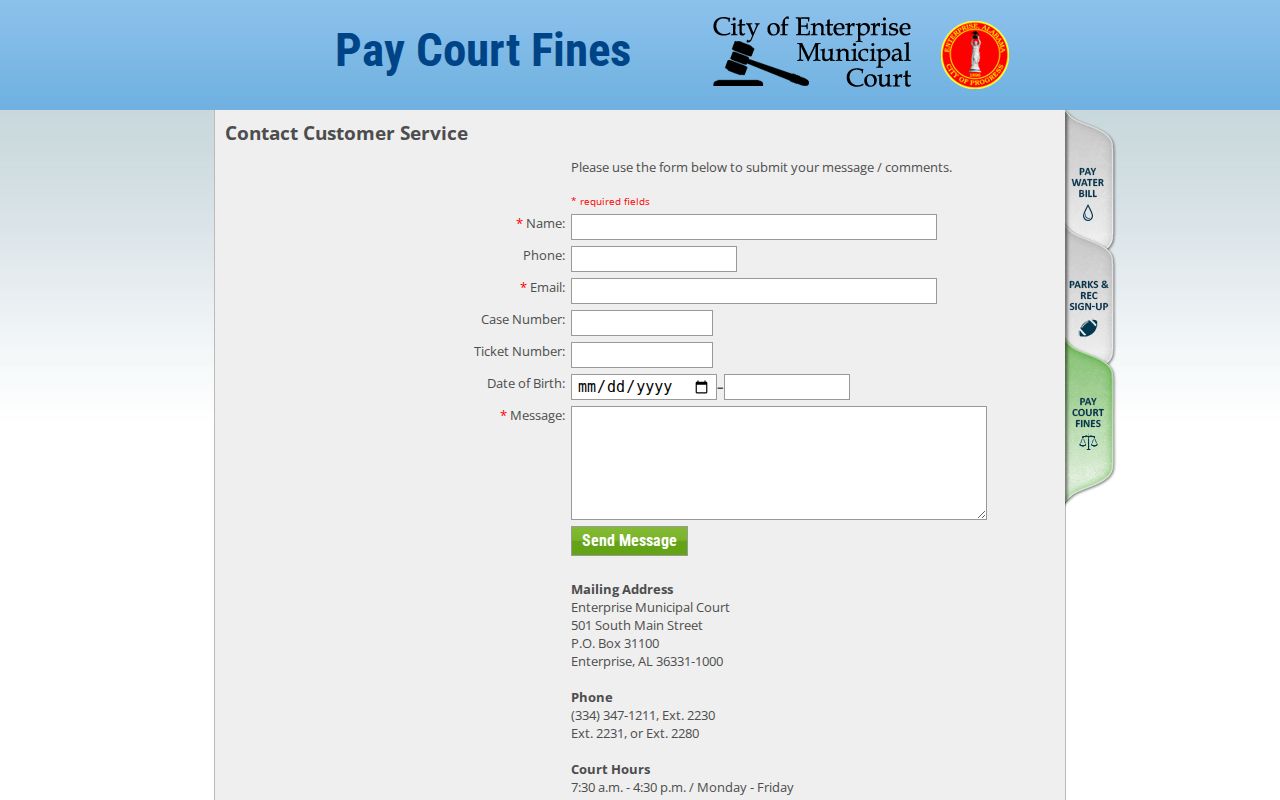 Coffee County warrant records Enterprise Municipal Court contact form